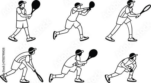 Dynamic tennis player poses capturing athletic motion and competitive spirit in clean line art style