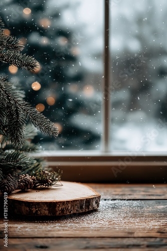 wooden table with snowflakes, pine cones, and a christmas tree in the background