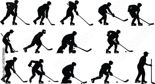 Dynamic hockey player silhouettes showcase intense action, skating, stick handling, and shooting for sports graphics and designs.