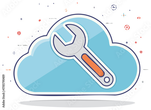 Cloud computing repair service with wrench, technical support for computer system