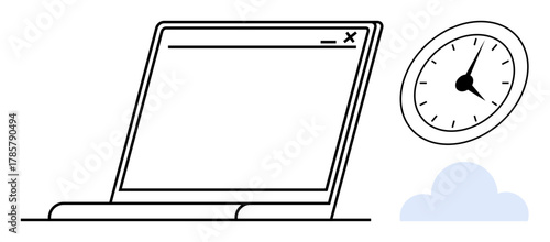Open laptop with minimalist screen, wall clock showing time, and cloud element. Ideal for productivity, remote work, time management, deadlines, scheduling, efficiency simple flat metaphor