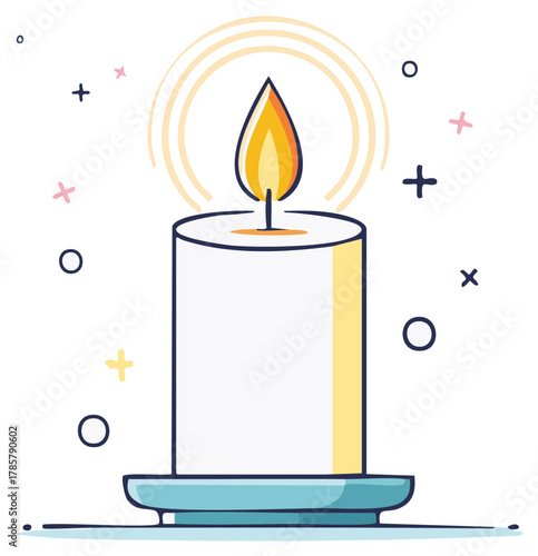 Illustration of Burning Candle with Flame Emanating Light and Subtle Decorative Elements