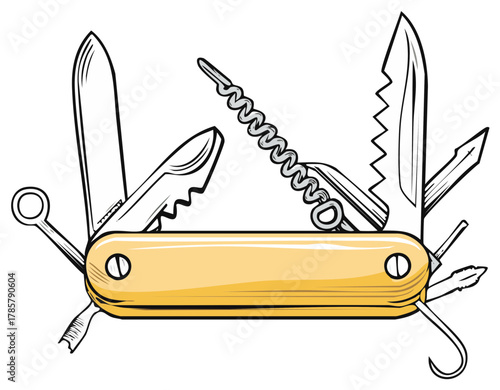 Versatile yellow multi function pocket knife with open tools illustration