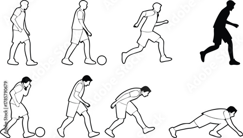 Dynamic footballer action sequence capturing movement, skill, and athletic prowess in a series of clean, modern outlines and silhouette.