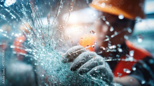 Professional auto glass technician removing shattered car windshield during replacement service.