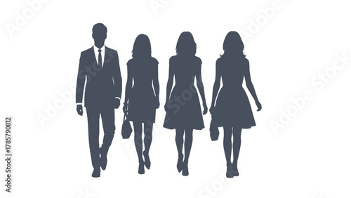 Professional Business Group Silhouettes Walking Forward. Man in Suit and Three Women in Dresses Vector Illustration.