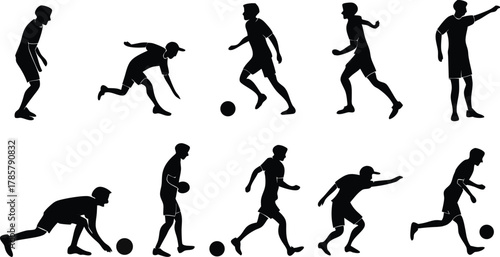 Dynamic soccer player silhouettes showcasing diverse action poses, perfect for sports graphics and modern designs