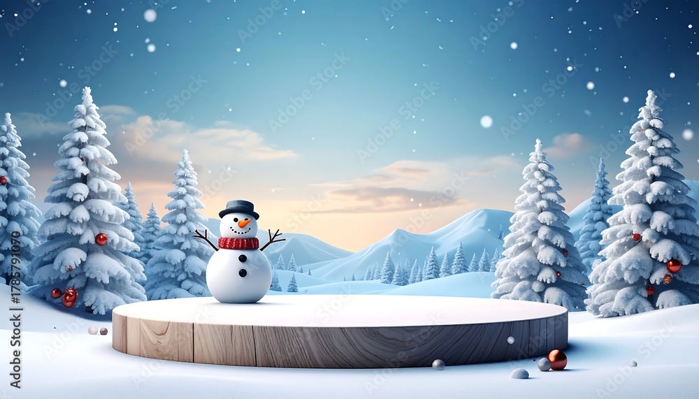 Obraz premium Winter scene with snowman on podium surrounded by snowy pines and hills, under a sky of falling snowflakes
