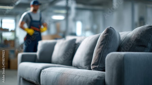 Professional worker inspecting a gray sofa for repair in a workshop setting.