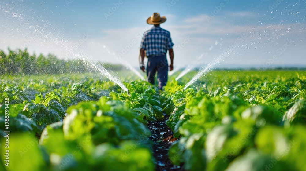 Fototapeta premium Farmer walking through a lush green field with modern irrigation system.