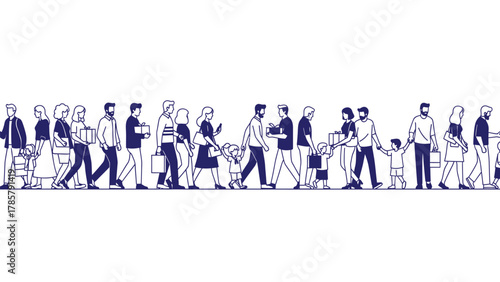 Seamless Vector Border of Walking People Shopping. Diverse Crowd Carrying Bags and Gifts Illustration