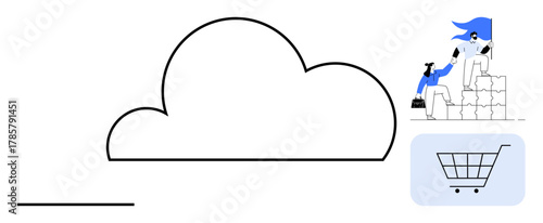 Cloud graphic with a collaborative team stacking blocks and a shopping cart. Ideal for technology, teamwork, digital transformation, cloud storage, innovation, e-commerce, simple flat metaphor