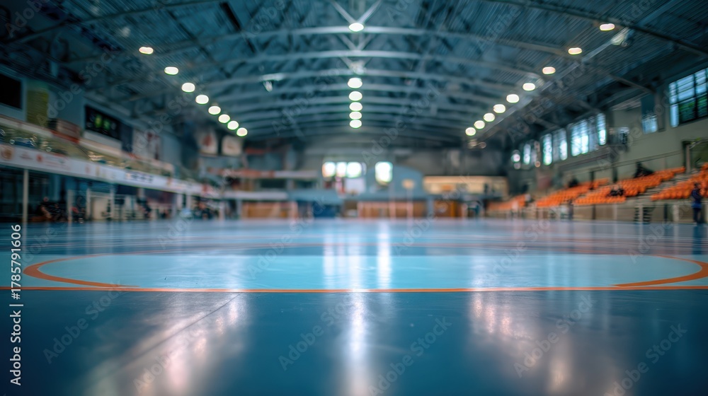 Fototapeta premium Indoor sports hall with smooth wooden floor and bright lighting, ready for various athletic events in a spacious venue