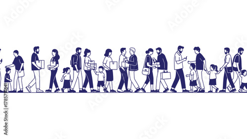Seamless Vector Illustration of Diverse Crowd Walking Forward. Population Flow Banner with Men, Women, and Children Carrying Boxes and Bags.