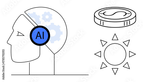 Profile head with AI, gear brain, dollar coin, and sun represents artificial intelligence, innovation, technology, finance, renewable energy futuristic thinking mental processes. Ideal