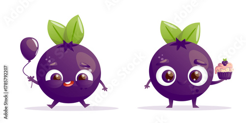 Cute Blueberry Character with Balloon and Cupcake. Adorable cartoon blueberry character holding a balloon and cupcake, perfect for kids' design, fruit mascot branding, or healthy food illustration.