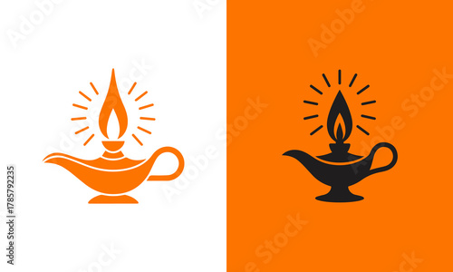 Vintage magic lamp with a bright flame and radiant glow on white and orange backgrounds