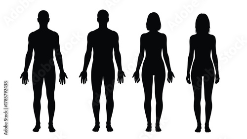 Human Body Silhouette Set. Full-Length Front View of Standing Male and Female Figures. Vector Illustration