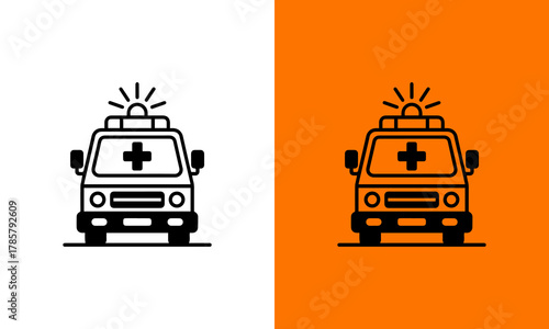 Modern ambulance vehicle icon front view in black outline and vibrant orange color