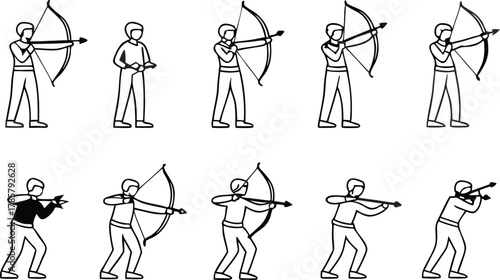 Dynamic archers demonstrate precision aiming and focus in a series of athletic stances capturing sport's competitive spirit