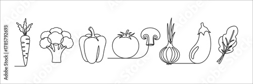 Set of hand drawn vegetable icons including carrot, broccoli, bell pepper, tomato, cucumber, onion, potato, mushroom, corn, eggplant, zucchini, radish, spinach, peas, avocado, and lemon.
