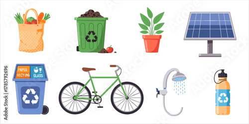 Flat eco icons with recycle bins, solar panel, and green energy elements for sustainable design.	