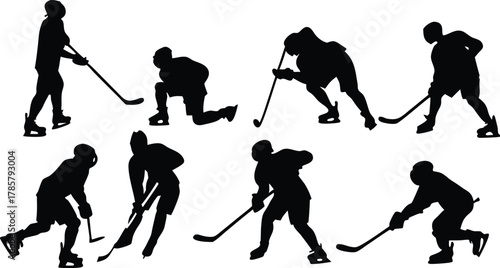 Dynamic hockey players in action silhouettes capturing speed, power, and athletic grace for sports designs