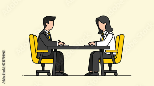 Business Meeting or Job Interview. Two Professionals (Man and Woman) Sitting at a Table for Negotiation or Consultation. Vector Illustration.