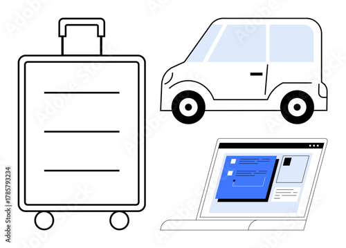 Rolling suitcase, compact car, and open laptop screen suggest themes of travel, commuting, remote work, digital connectivity. Ideal for travel, vacation, business mobility freelancing digital