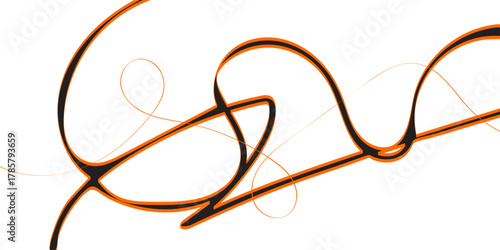 The image features an abstract, dynamic, and elegant composition of bold, thick, black lines outlined with vibrant orange, intricately intertwining and looping to form a complex, calligraphic-style pa