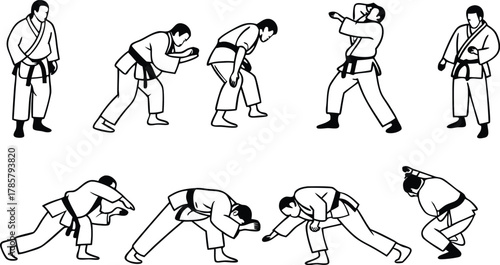 Dynamic martial arts stances and movements captured in elegant line art, showcasing discipline and athletic grace for powerful visual storytelling
