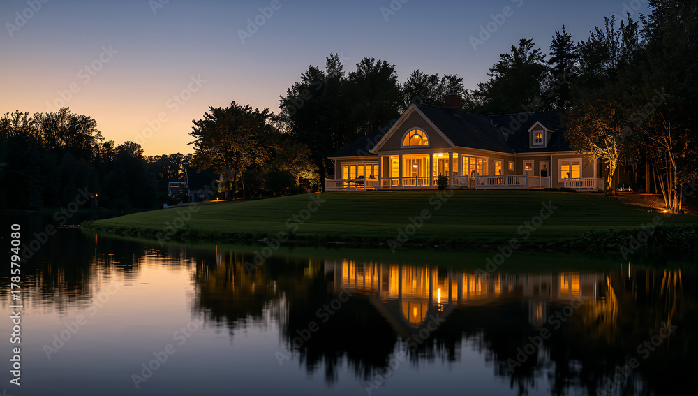 Fototapeta premium Evening view of a beautiful house with lights reflecting on the lake