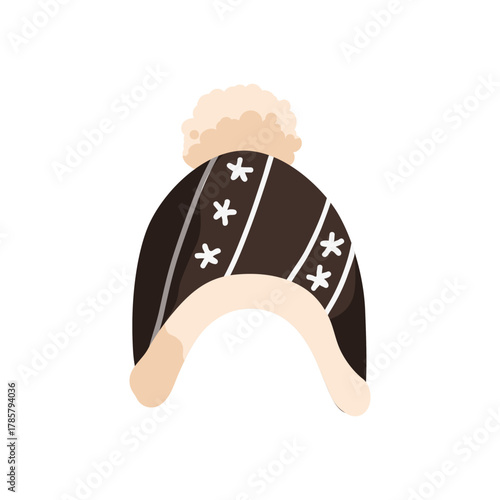 Winter hat, warm cap for cold season. Woolen kids head accessory with knitted wool earflaps, pompom, snowflake pattern. Soft thick headwear. Flat vector illustration isolated on white background