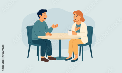 Man and woman sitting at table, one sharing thoughts while other listens with empathy. Supportive conversation and emotional intelligence concept in flat vector style.