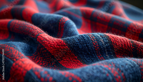 Close-up of a red and blue plaid blanket