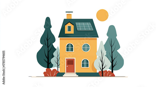 Sunny yellow two‑story house with solar panels