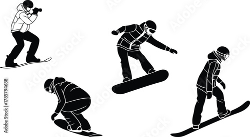 Dynamic snowboarders capture thrilling winter sports action with energetic jumps and stylish carving on snowy slopes