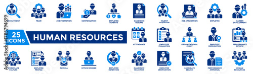 Human resources icon collection set. Containing hiring, recruitment, payroll, evaluation and performance icon. Flat style vector illustration