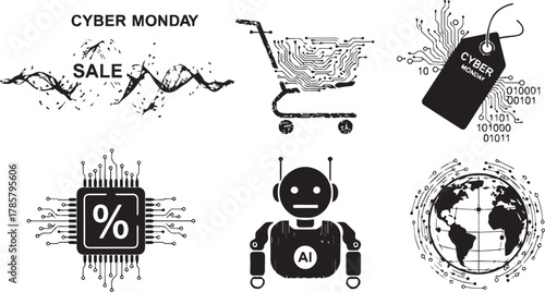 Cyber Monday Tech Sale Icons Vector Set in Black and White
