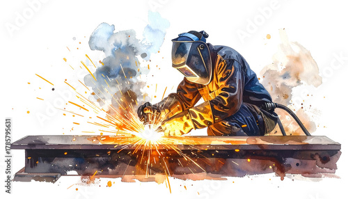a person doing welding work, with welding sparks, isolated on transparent background, concept of industry, PNG