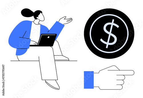Woman seated with laptop gesturing expressively, dollar sign inside a black circle, and pointing hand symbol. Ideal for finance, discussion, planning, economy, investment strategy teamwork. Simple