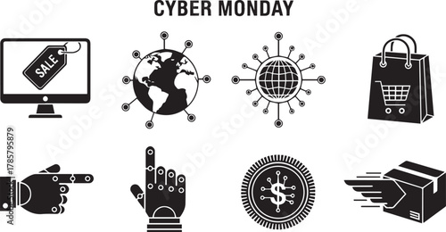 Cyber Monday Vector Icons Set, Black and White