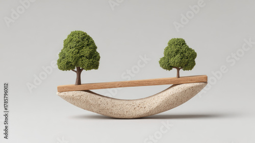 Miniature tree balance on wooden beam with stone base