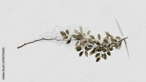 Branch with leaves transforming into geometric wireframe