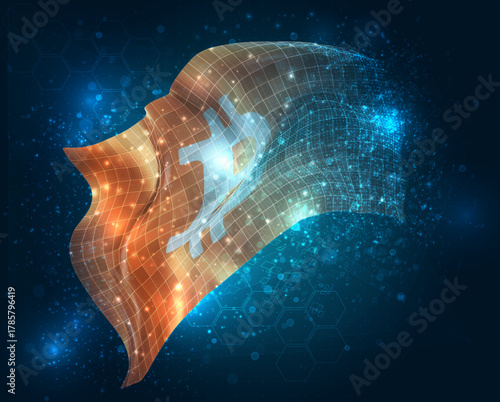 Bitcoin, vector 3d flag virtual triangular polygons on a color background