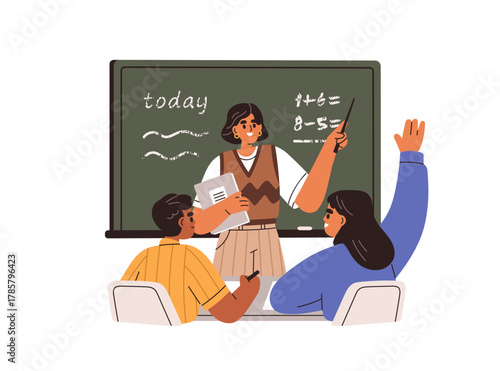 School teacher and kid students in classroom, math lesson, class. Children learning, studying mathematics, raising hand. Education concept. Flat vector illustration isolated on white background