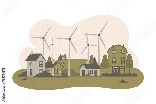 Wind turbines in a rural landscape generating clean energy for houses vector illustration of sustainable living