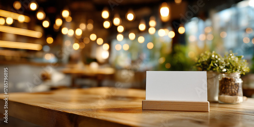 Wallpaper Mural Blank white business card on wooden table with blurred warm café background, cozy ambient lighting and decorative bokeh effect.
 Torontodigital.ca