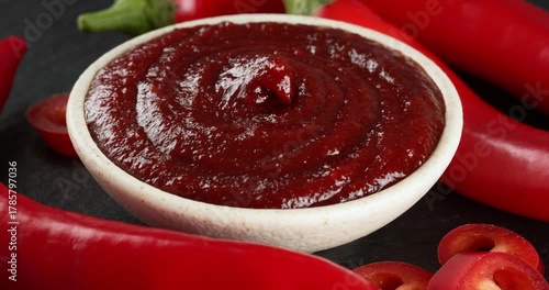 Bowl with spicy gochujang paste and fresh chili peppers. Close-up footage on a rotating table