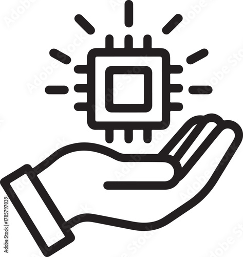 Hand holding glowing microchip silhouette, symbol of human control and technology power.